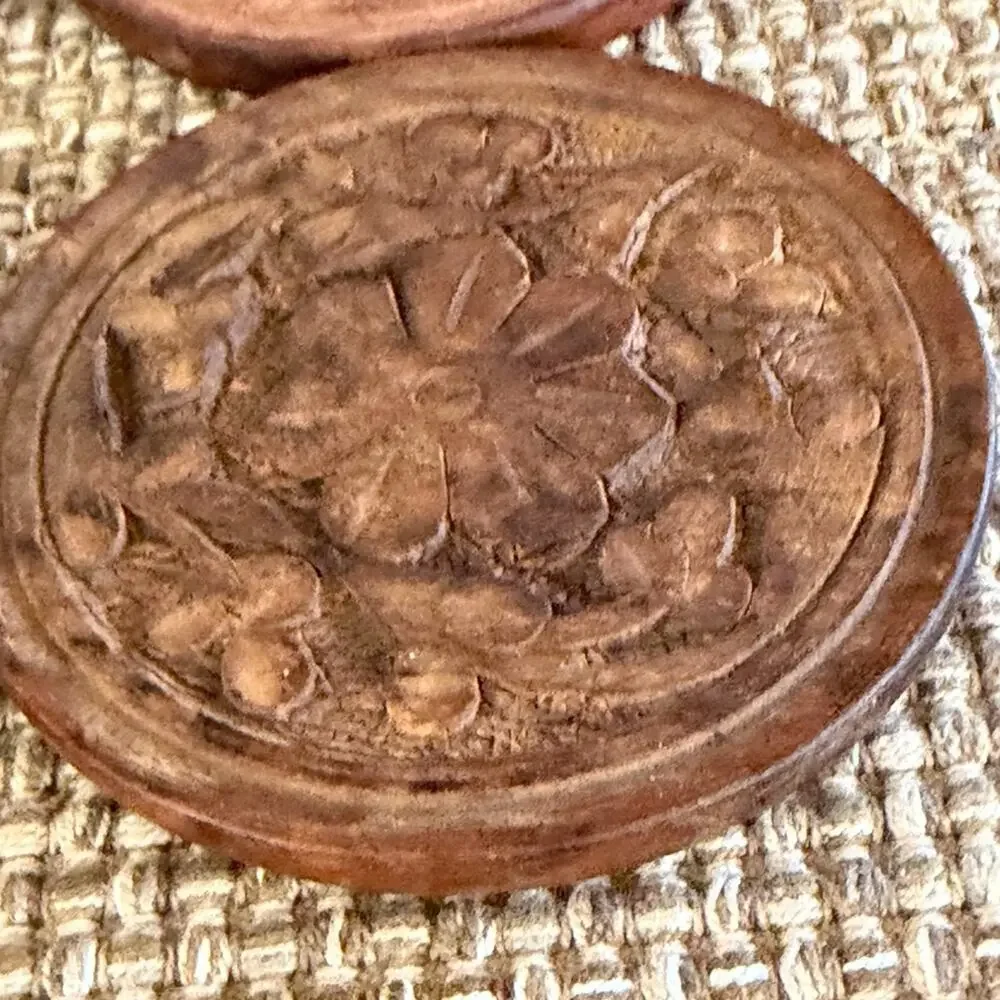 Wood hand carved intricate floral coasters x4